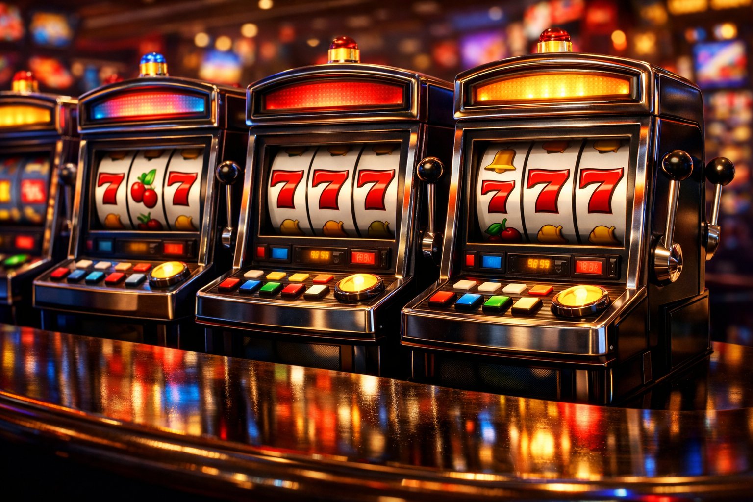 A Casino Table With Several Slot Machines Showing Reels With The Number 7 And Colorful Lights.