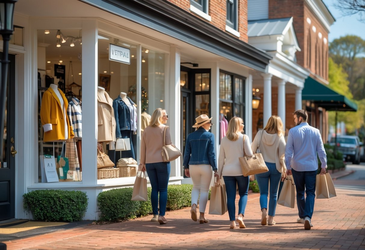 Shoppers outside a local boutique on a sunny day in a small town with brick buildings and greenery.