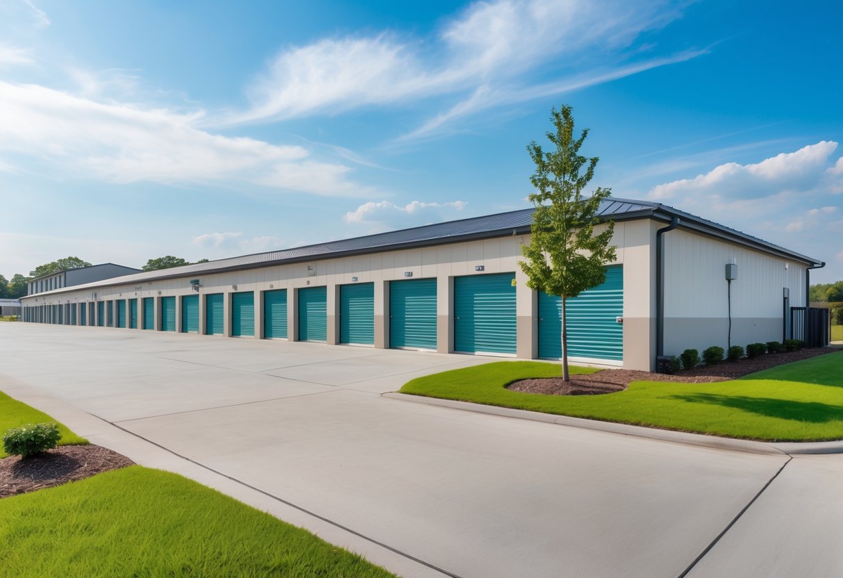 Exterior view of a clean and secure self-storage facility with multiple storage units and landscaped surroundings under a blue sky.