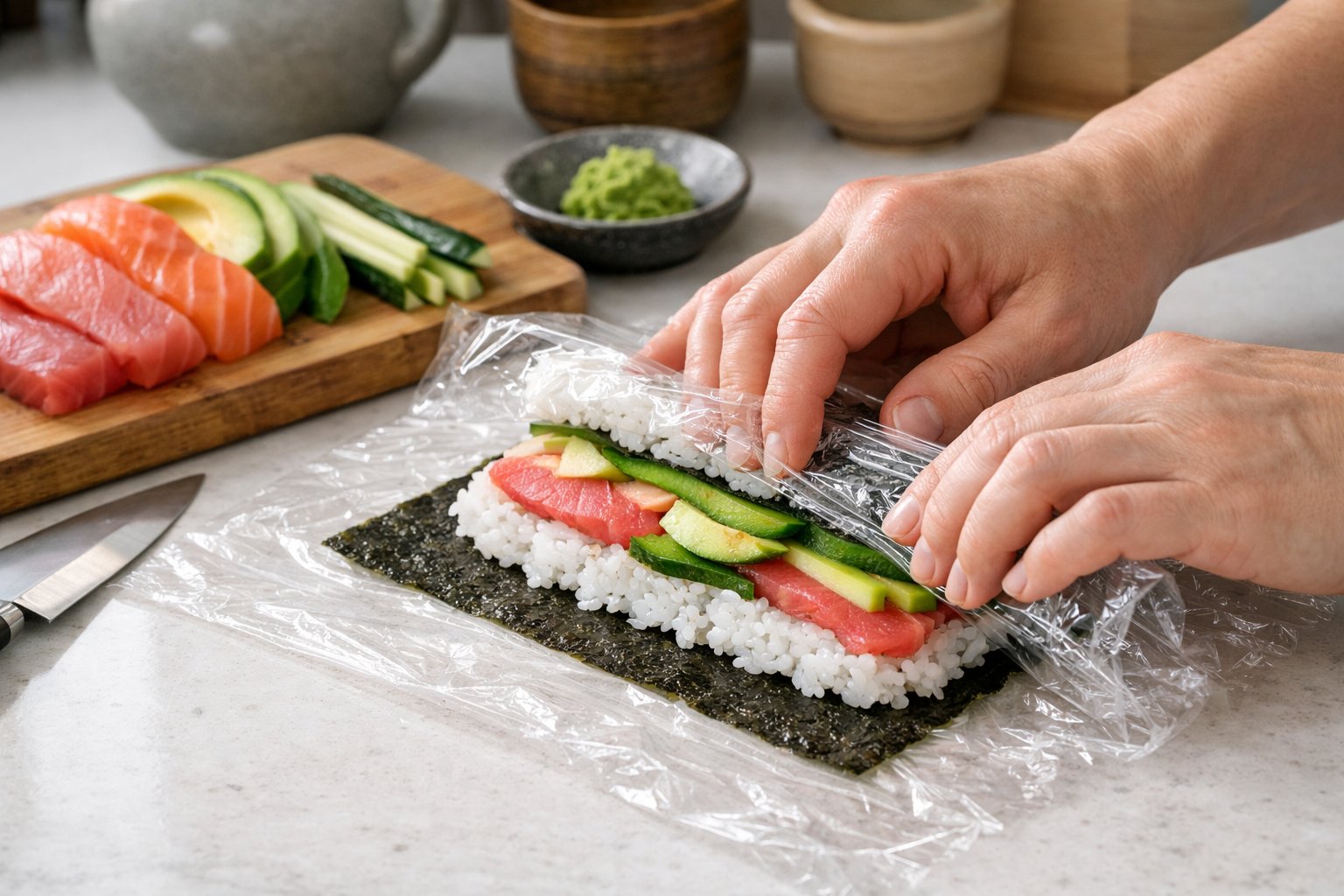 Hands rolling uramaki sushi rolls on a kitchen countertop using plastic wrap instead of a bamboo mat, with fresh sushi ingredients nearby.