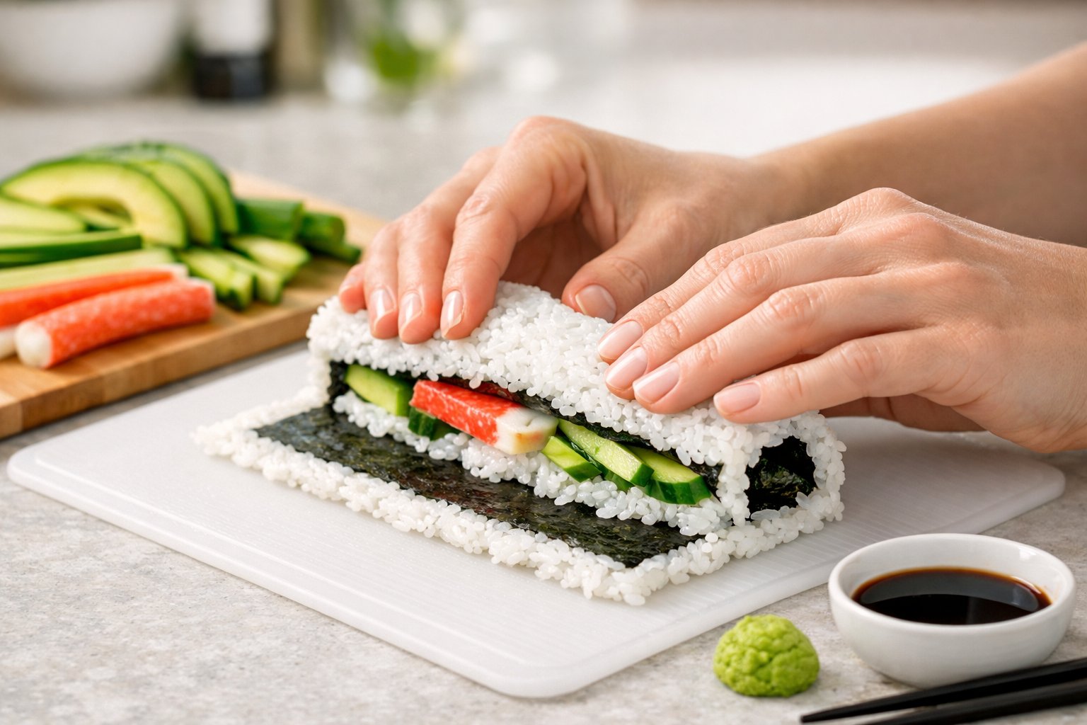 Hands rolling uramaki sushi on a kitchen countertop with fresh ingredients and no bamboo mat visible.