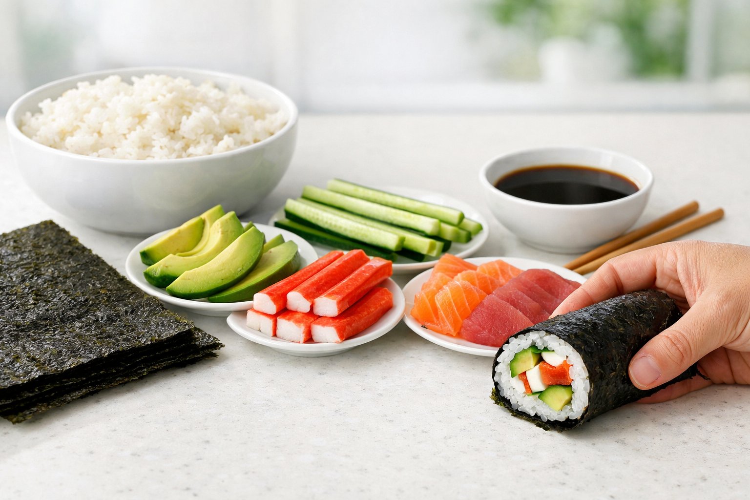 A kitchen countertop with fresh ingredients for uramaki sushi rolls and a hand rolling sushi without a bamboo mat.