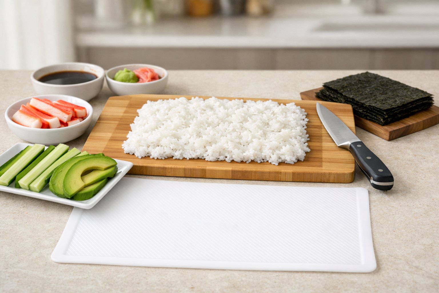 A kitchen countertop with sushi ingredients and a silicone mat used for rolling uramaki sushi rolls without a bamboo mat.