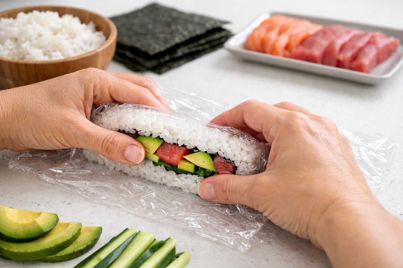 Hands making uramaki sushi rolls on a kitchen countertop without a bamboo mat, with fresh sushi ingredients nearby.