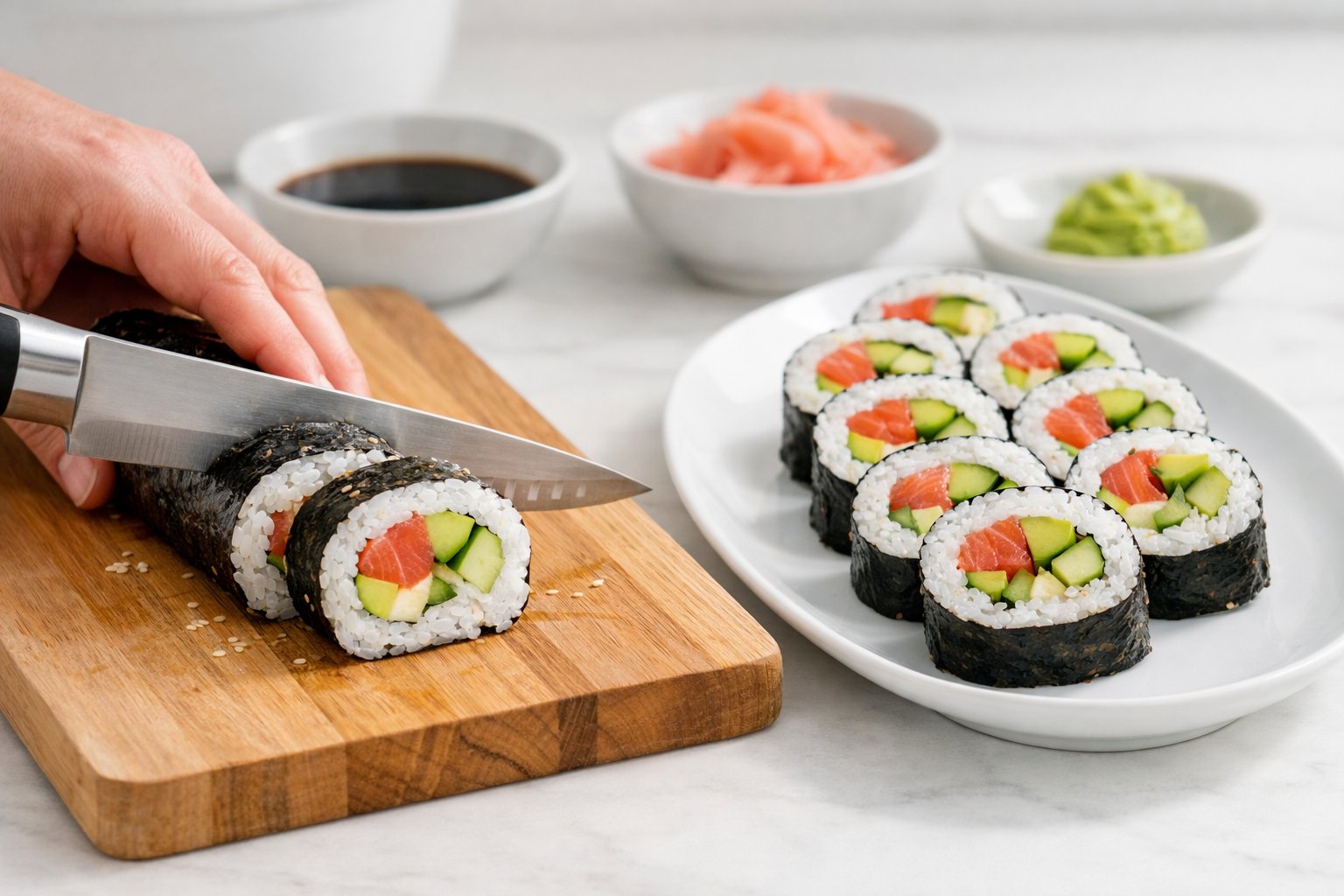Close-up of hands slicing uramaki sushi rolls on a wooden board with sushi pieces arranged on a white plate nearby.