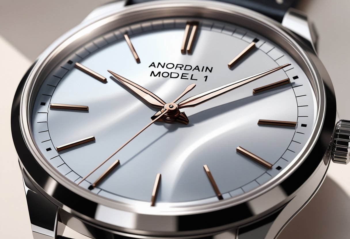 Close-up view of a watch face with a smooth enamel dial, polished metal hands, and hour markers inside a stainless steel bezel.