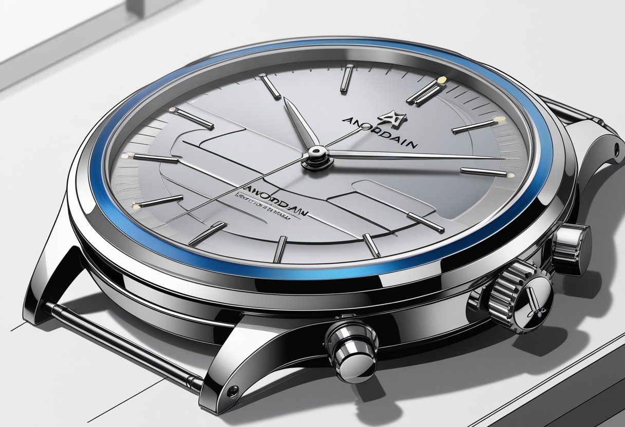 Close-up illustration of an enamel watch dial and its surrounding metal case showing detailed craftsmanship and materials.