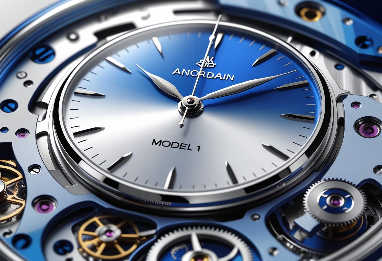 Close-up view of an enamel watch dial with surrounding watch movement parts arranged to show intricate craftsmanship and mechanical details.