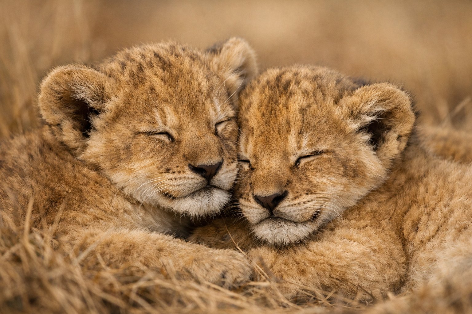 Two lion cubs with closed eyes resting closely together in a natural outdoor setting.