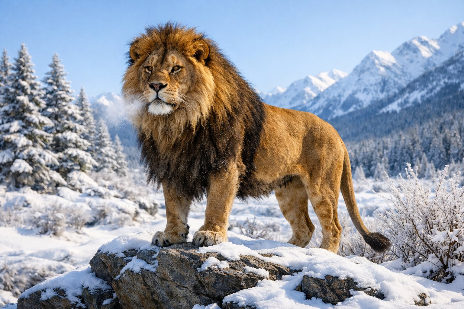 A lion standing on a snowy rocky outcrop surrounded by snow-covered trees and mountains.