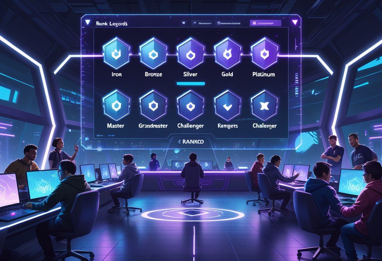 A futuristic gaming scene showing diverse players interacting with a holographic leaderboard displaying ranked icons in a high-tech arena.