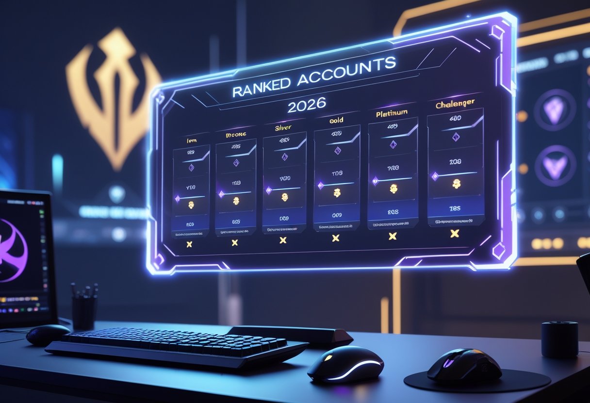 A futuristic gaming setup showing holographic displays of ranked tiers and gaming icons related to League of Legends.