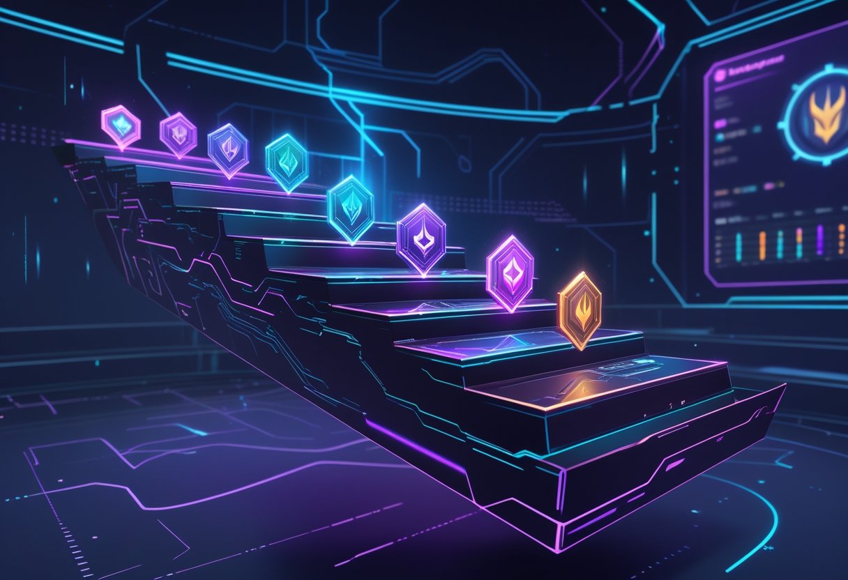 A futuristic digital interface showing different ranked tiers and a summoner's profile with holographic badges and stats.