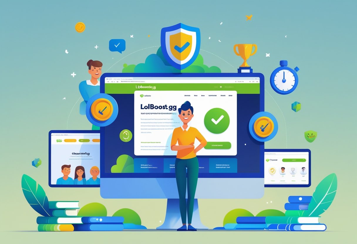 A customer happily using a computer with icons symbolizing trust, speed, and quality around them, while less appealing competitor websites appear faded in the background.