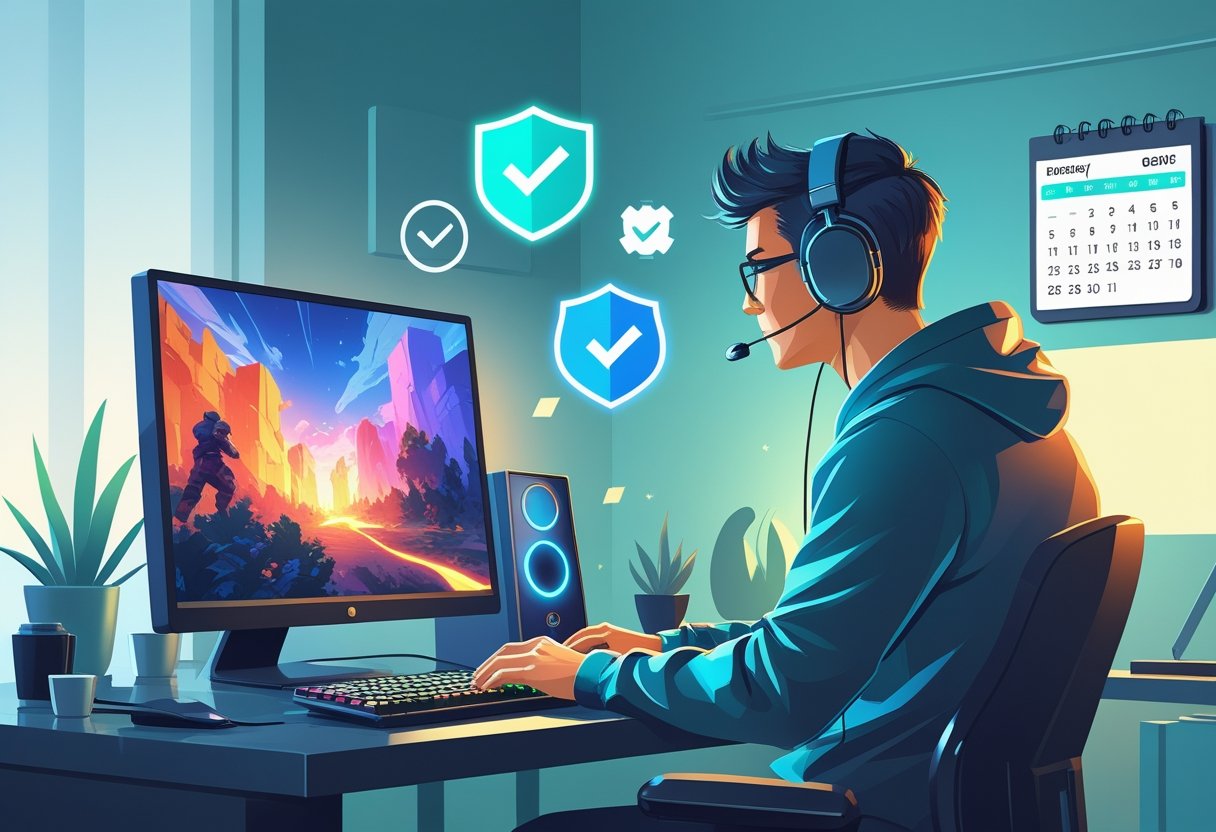 A gamer confidently playing a video game at a computer, surrounded by symbols of trust and security in a modern room.