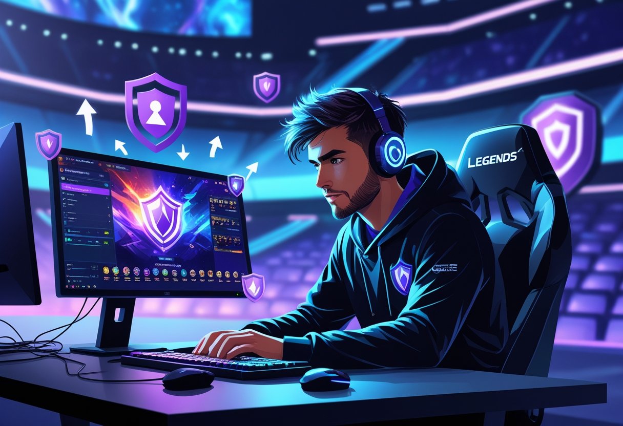 An esports player focused at a gaming setup with glowing icons representing trust and progress in a modern esports arena.