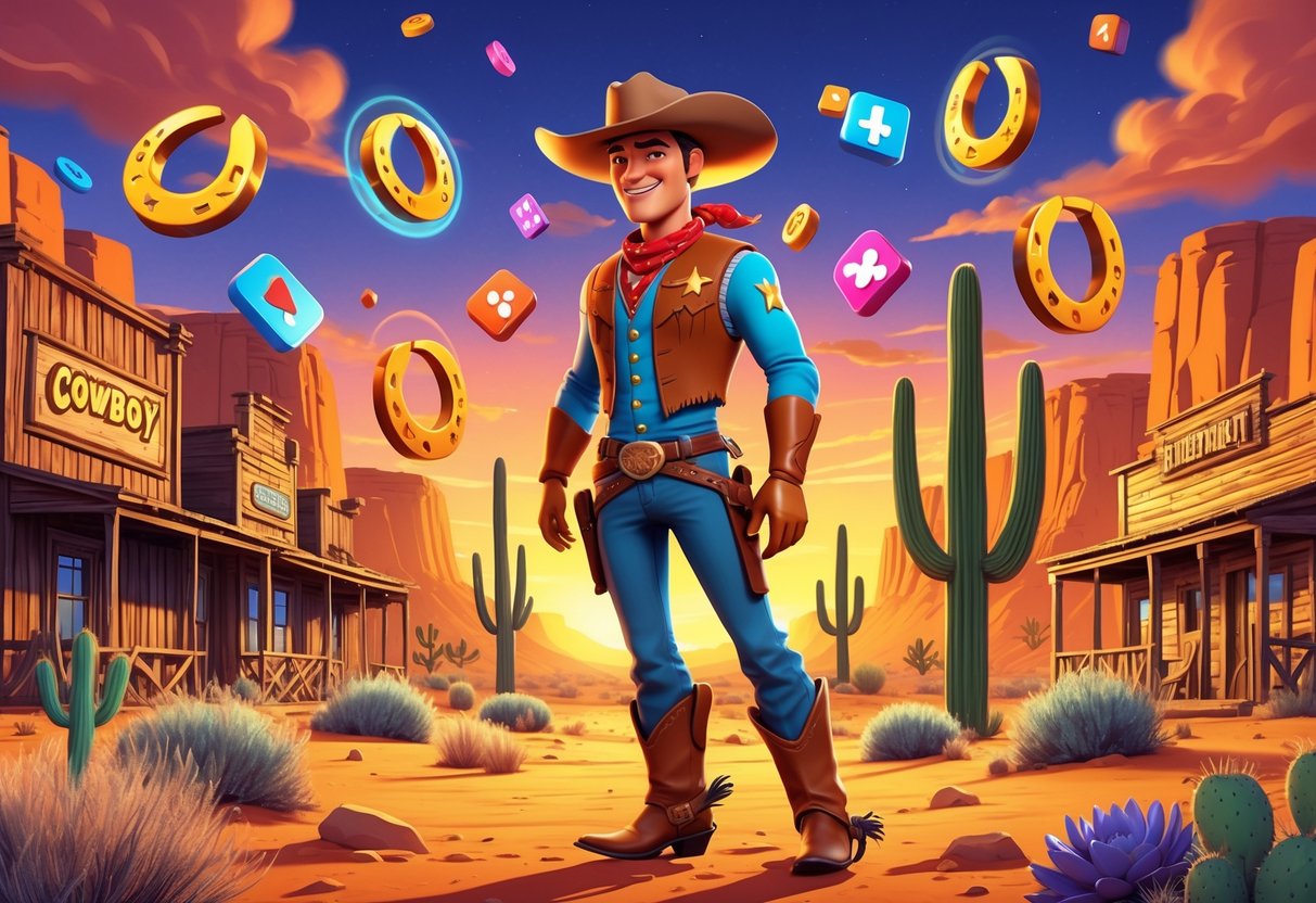 Seorang koboi berdiri di padang gurun dengan latar belakang kota Barat lama dan simbol-simbol permainan slot yang berwarna-warni.