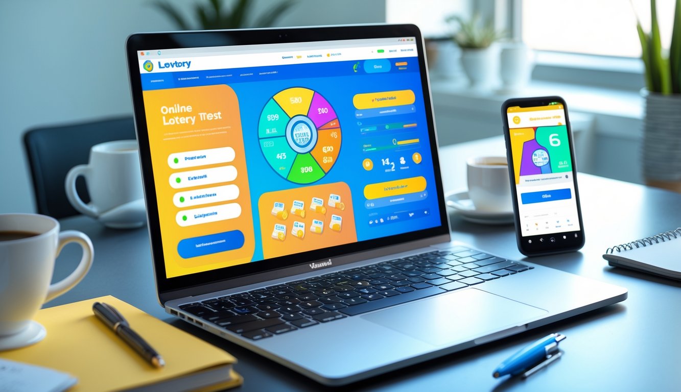 Seorang profesional menggunakan laptop dan ponsel di meja kerja yang rapi dengan latar kantor cerah.