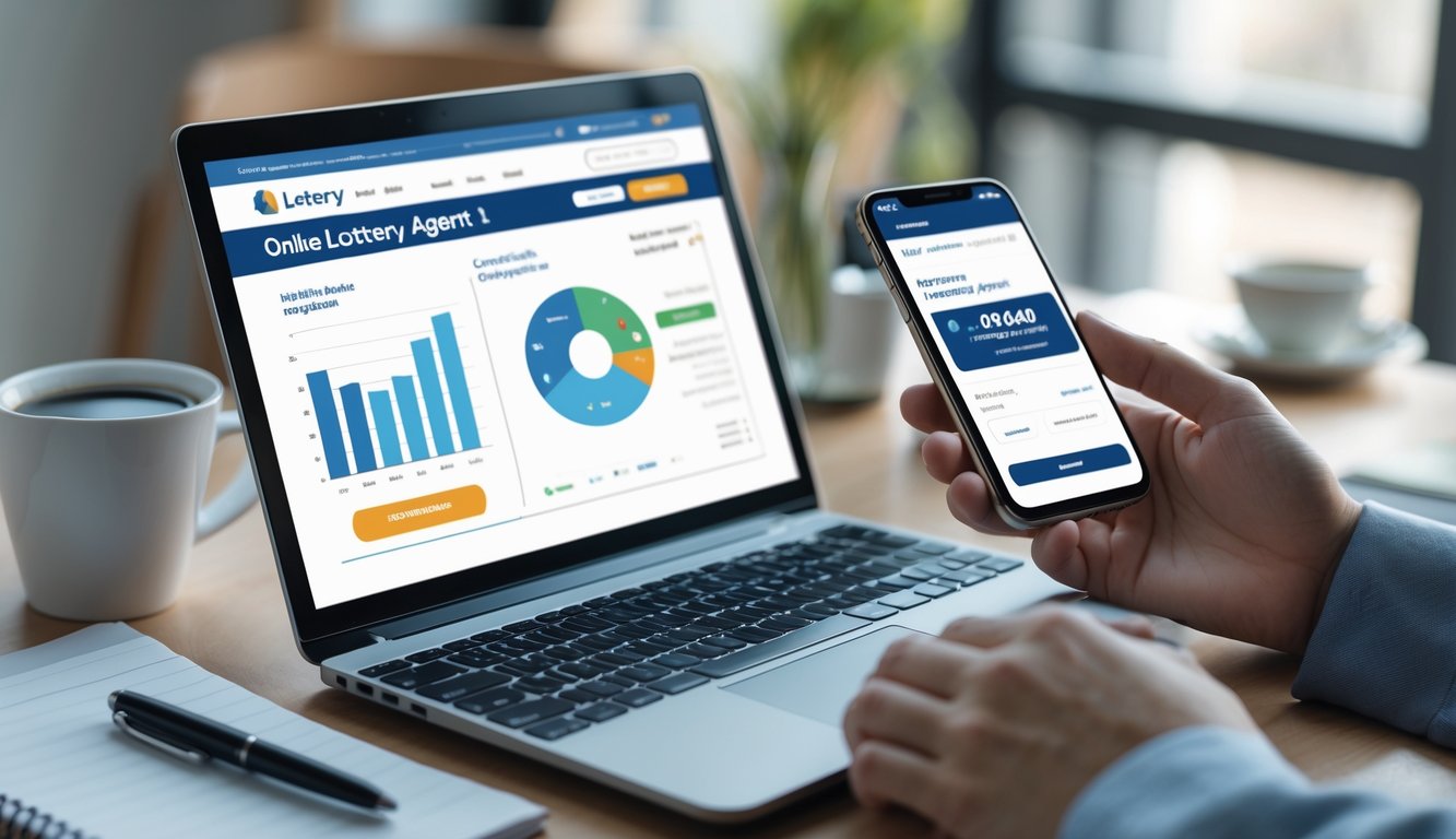 Seorang profesional menggunakan laptop dan ponsel di meja kerja dengan latar belakang peralatan kantor.