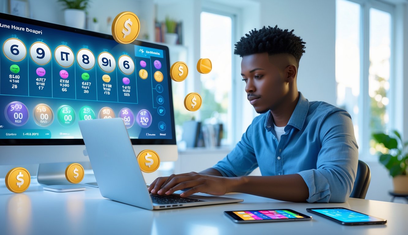 Seseorang menggunakan laptop di ruang kerja rumah dengan perangkat digital yang menampilkan angka togel dan grafik warna-warni.