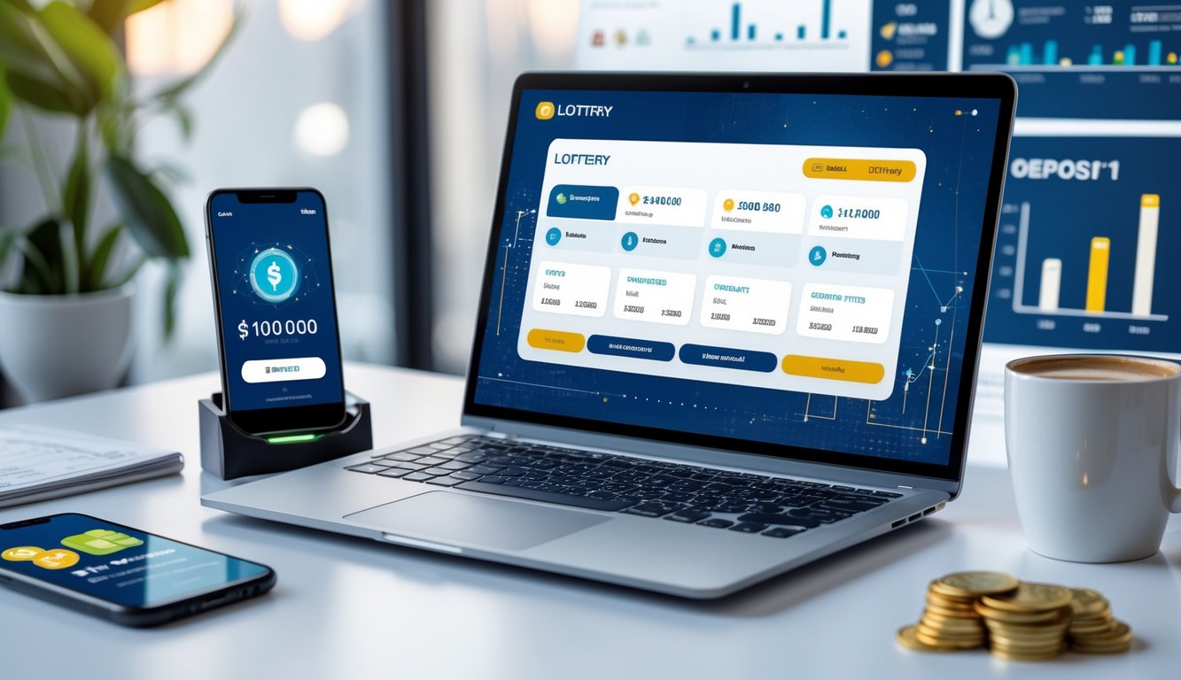 Sebuah meja kerja dengan laptop dan smartphone yang menampilkan platform lotere online, dikelilingi oleh elemen minimalis seperti cangkir kopi dan grafik keuangan.