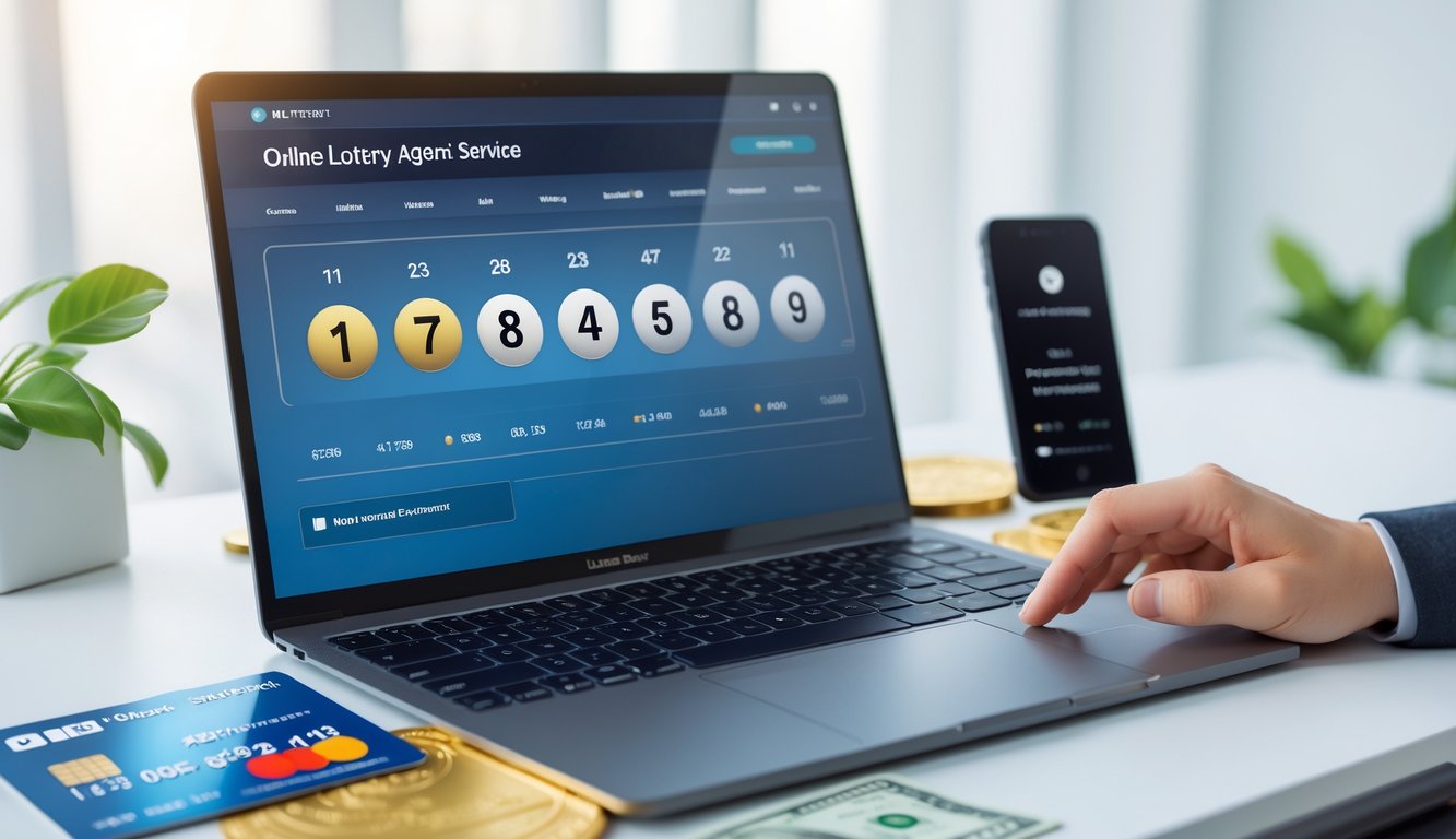 Seorang profesional menggunakan laptop dan ponsel di meja kerja yang rapi, menunjukkan suasana layanan agen togel online dengan simbol transaksi dan taruhan.