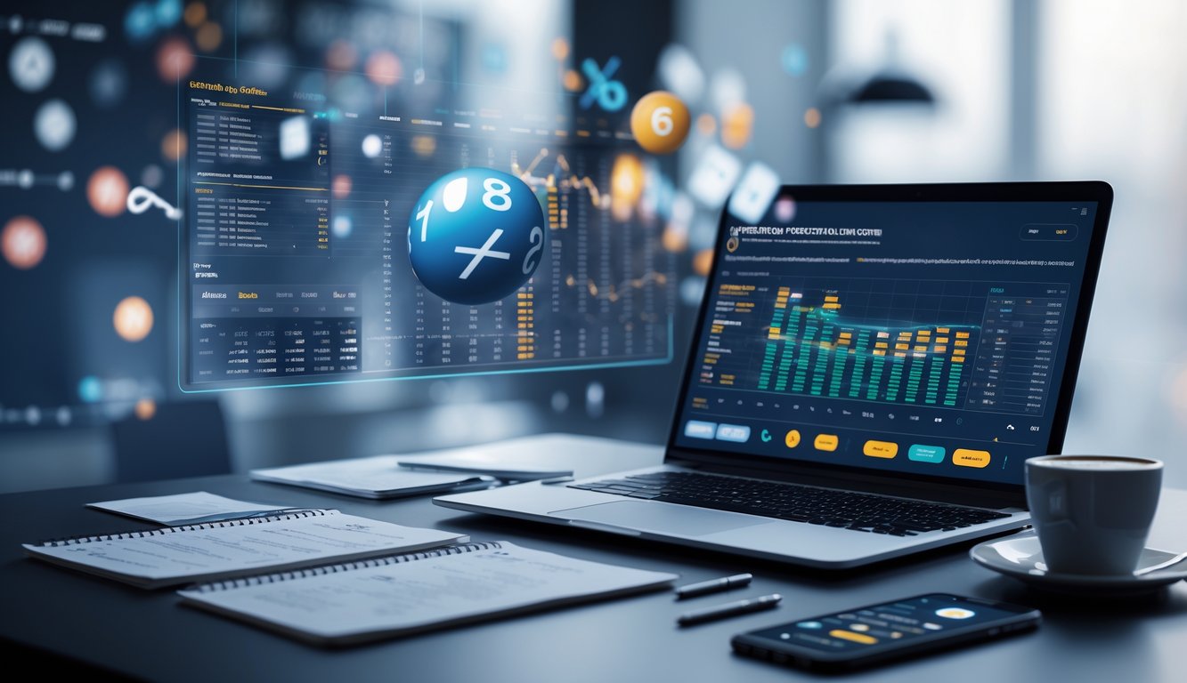 Seseorang sedang bekerja dengan laptop dan smartphone yang menampilkan data dan prediksi angka togel dalam suasana kerja yang rapi dan fokus.