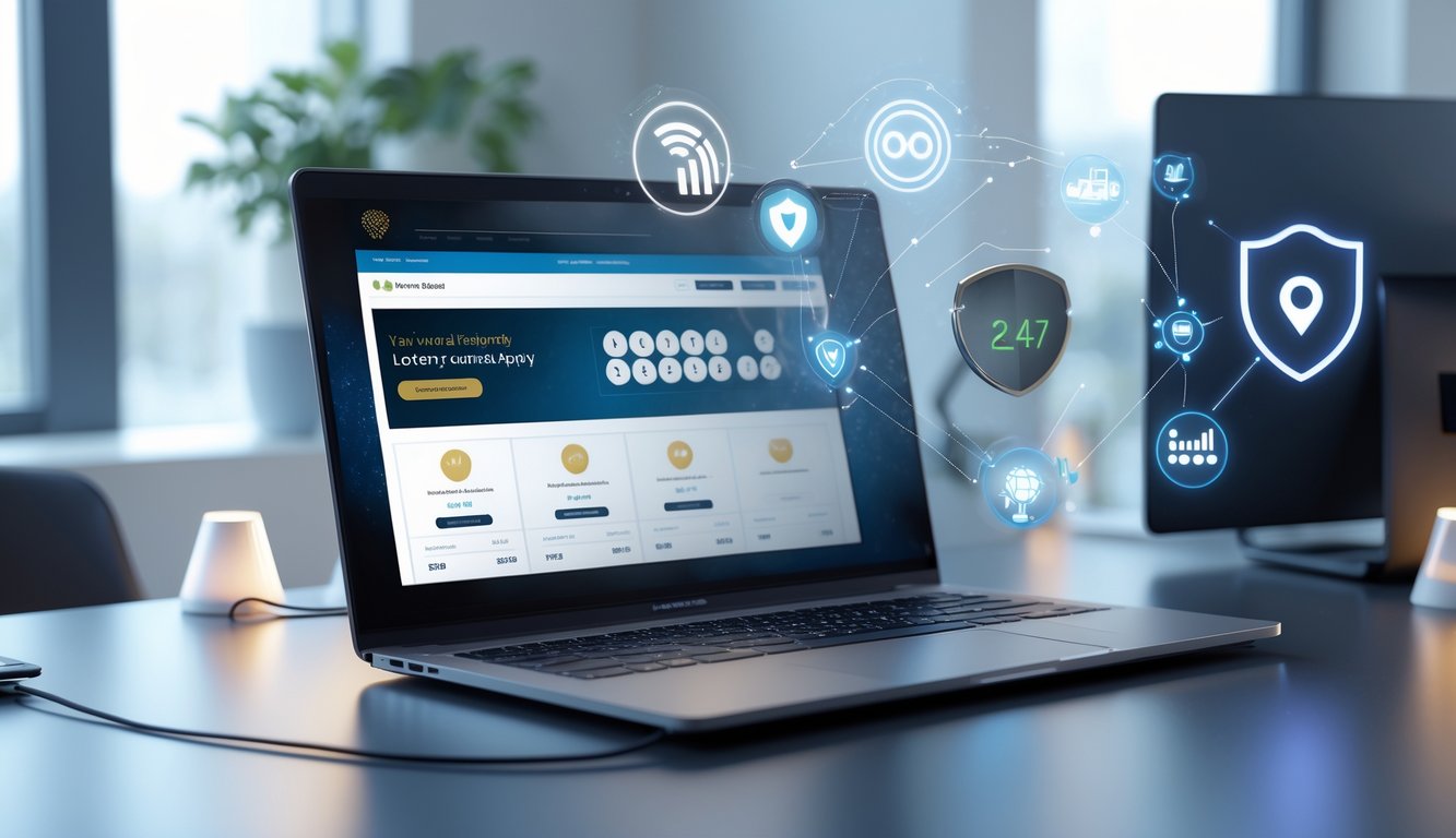 Seorang pengguna duduk di depan laptop dengan tampilan situs togel online yang aman dan terpercaya, dikelilingi oleh simbol jam dan ikon keamanan.