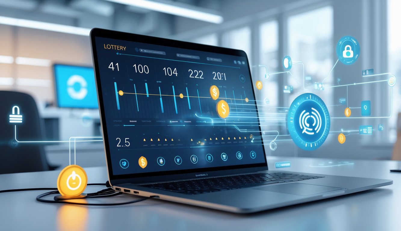 Seorang profesional menggunakan laptop dengan tampilan antarmuka angka dan grafik, dikelilingi elemen digital yang menunjukkan koneksi cepat dan keamanan dalam lingkungan kantor modern.