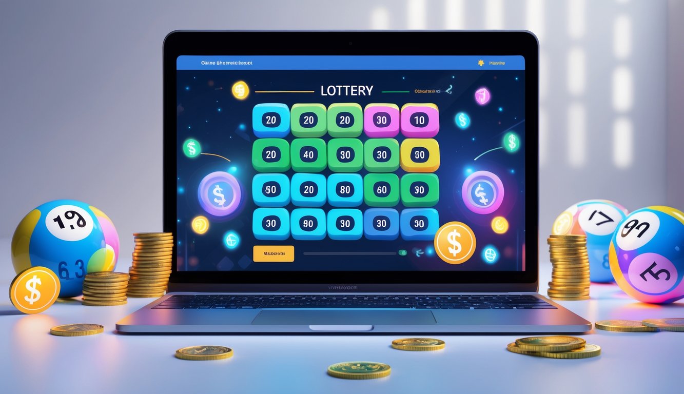Sebuah laptop atau ponsel menampilkan antarmuka lotere online dengan bola lotere dan koin di sekitarnya, menunjukkan konsep platform togel terpercaya.