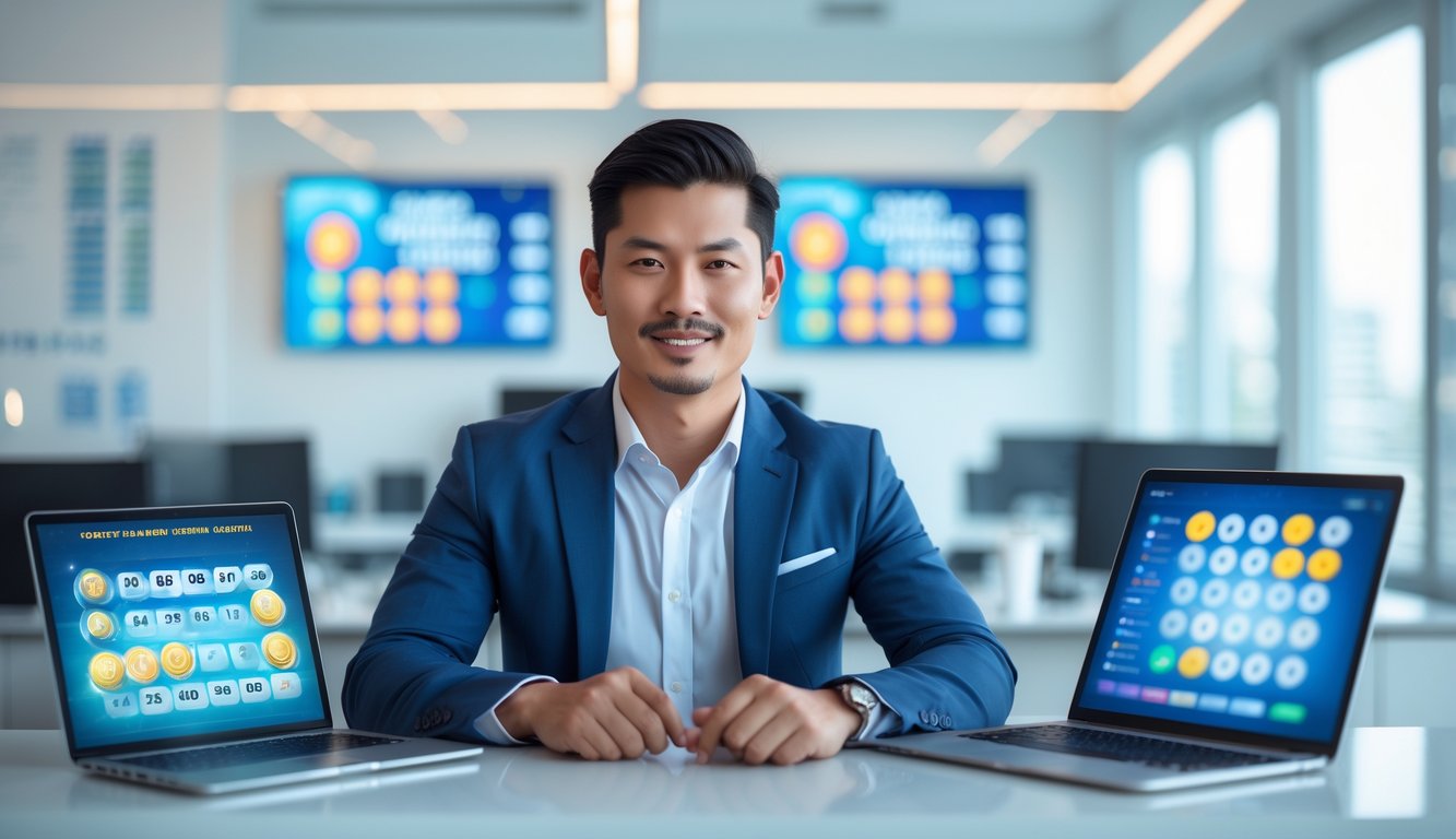 Seorang pria Asia Tenggara duduk di meja modern dengan laptop dan ponsel, menunjukkan suasana kantor yang terang dan profesional.