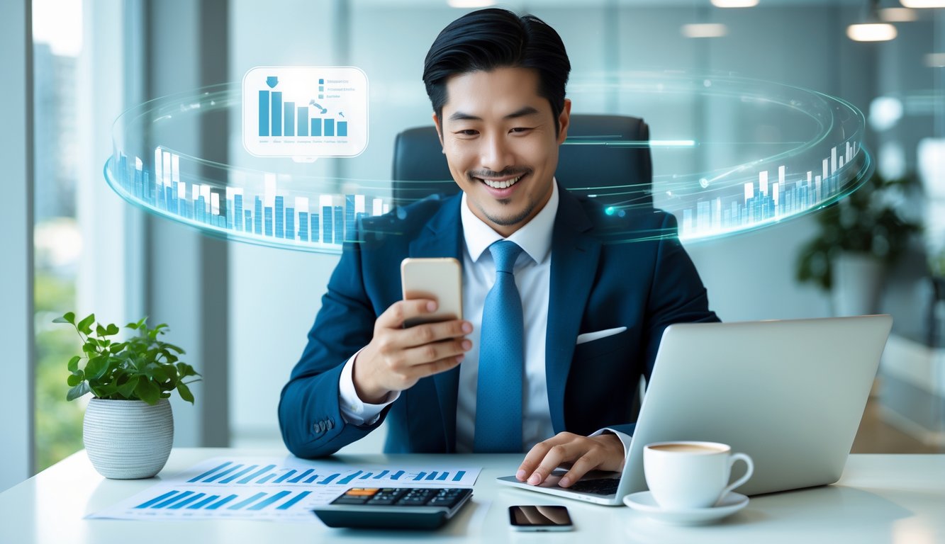 Seorang pria Asia berpakaian rapi duduk di meja kantor modern menggunakan laptop dan ponsel dengan ekspresi percaya diri.