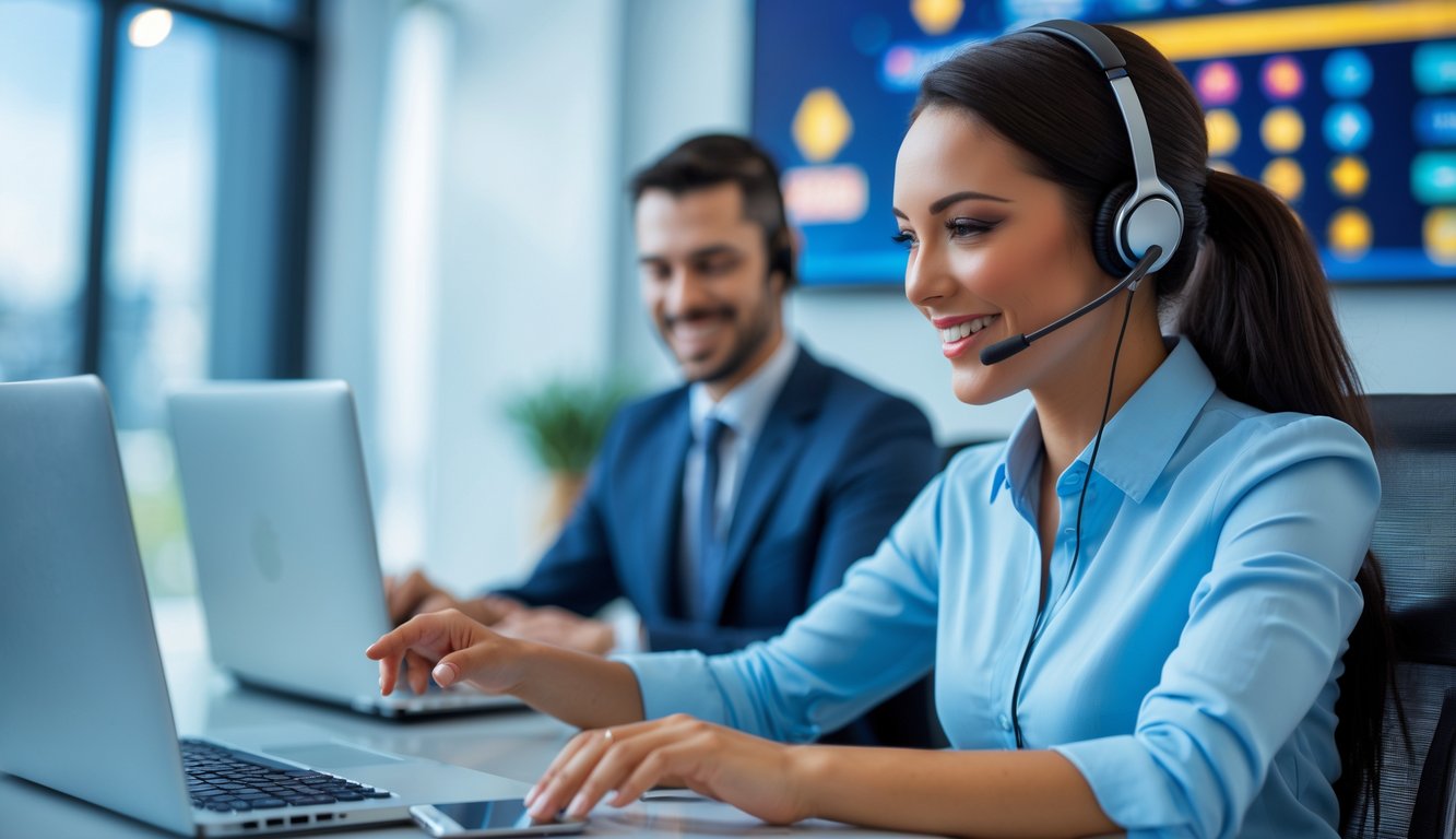 Seorang agen layanan pelanggan yang ramah sedang membantu pelanggan dengan transaksi togel online di kantor modern.