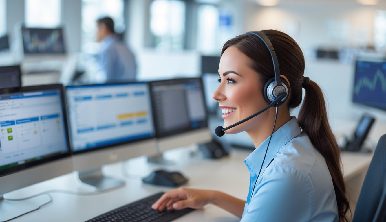 Seorang petugas layanan pelanggan ramah sedang membantu klien secara online di kantor modern dengan beberapa layar komputer di latar belakang.