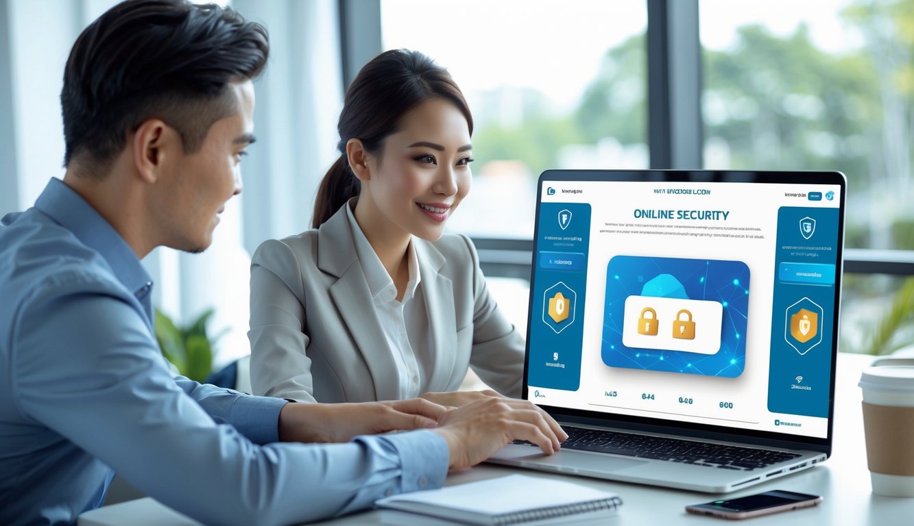 Dua orang profesional sedang bekerja bersama di depan laptop di kantor modern dengan suasana yang aman dan terorganisir.