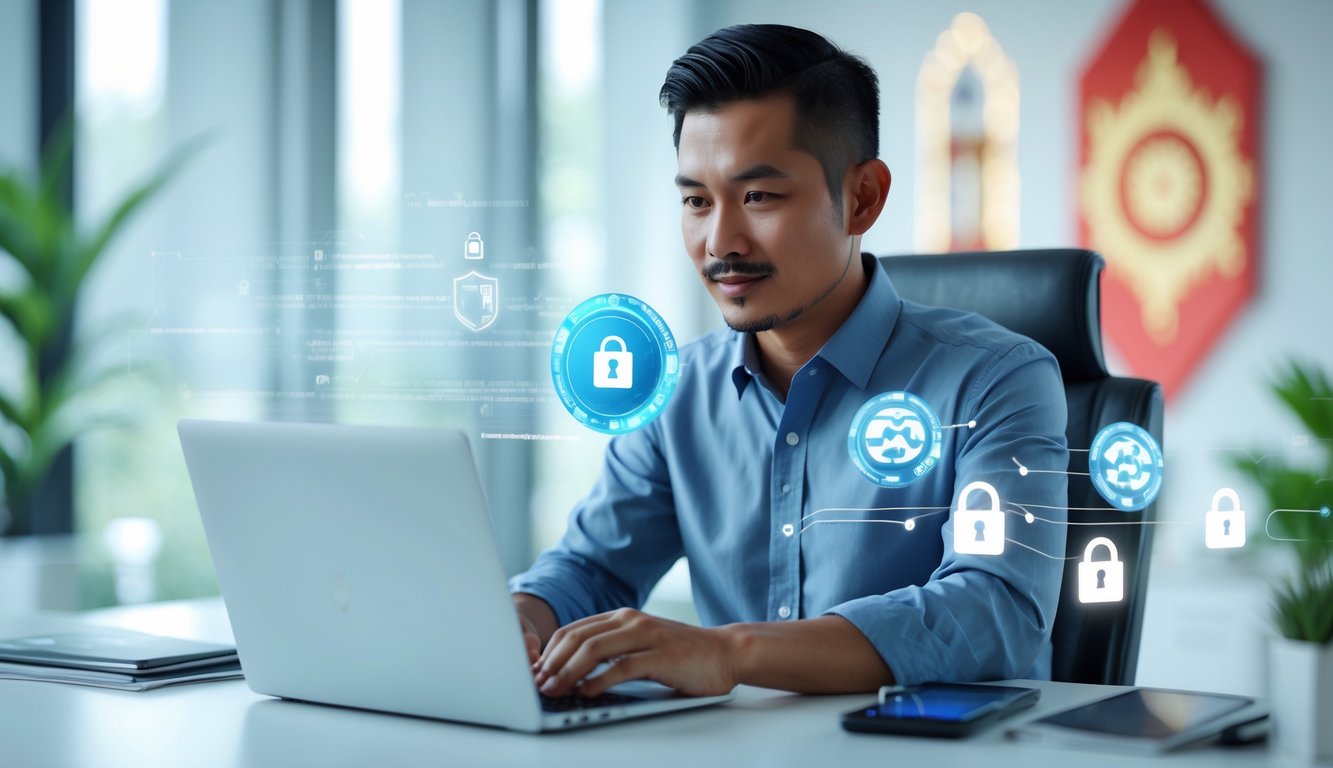 Seorang pria Indonesia sedang menggunakan laptop di kantor modern dengan elemen digital yang menggambarkan keamanan data.