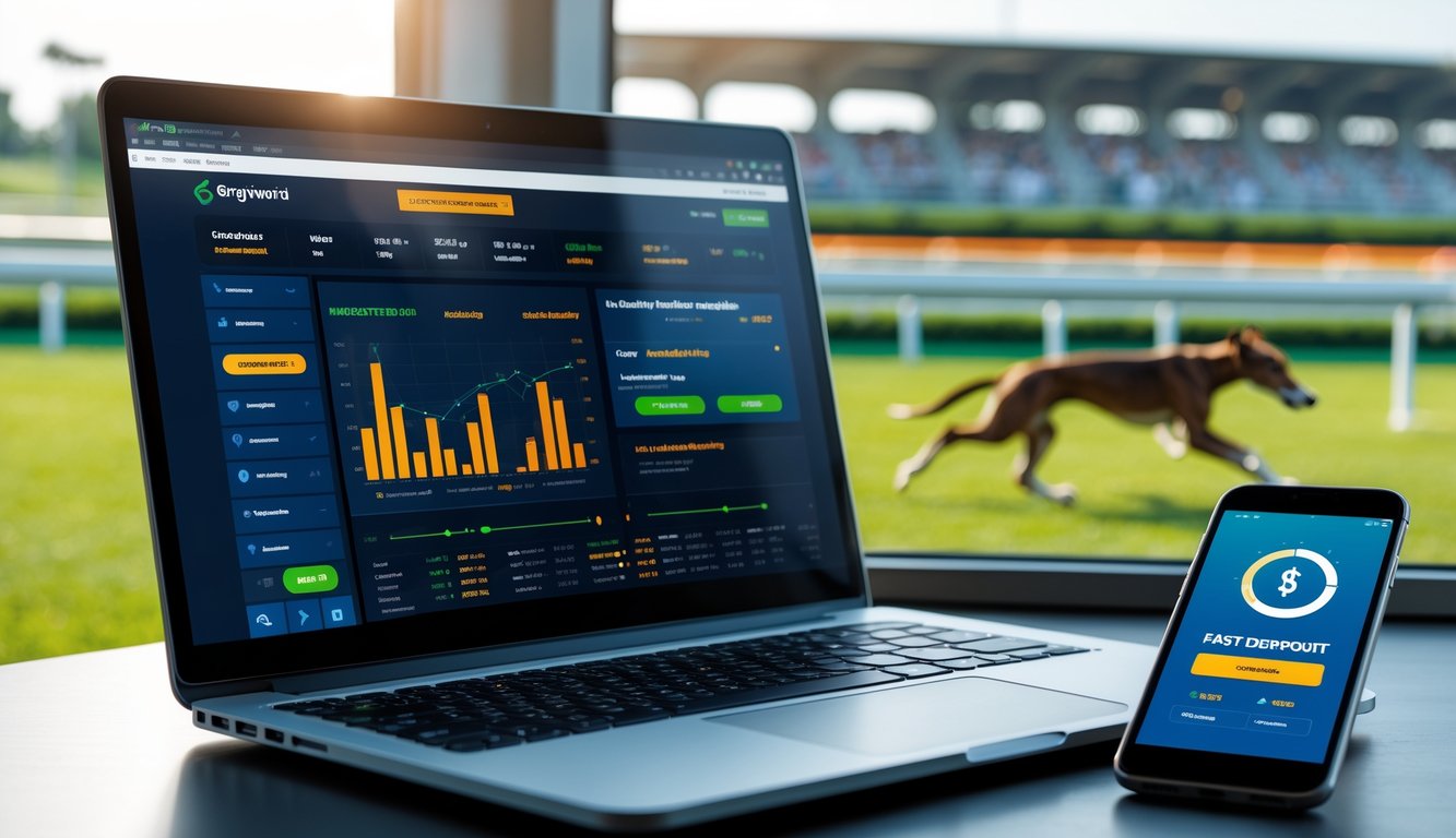 Suasana profesional dengan laptop dan ponsel yang menampilkan situs taruhan balap anjing, latar belakang balapan anjing sedang berlangsung di lintasan.