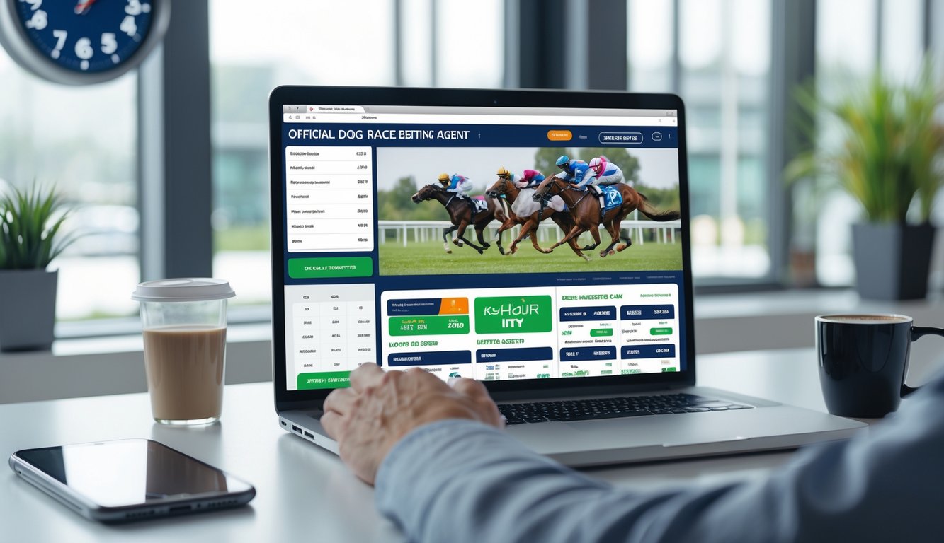 Seseorang menggunakan laptop untuk memasang taruhan balap anjing online dengan ponsel dan kopi di meja kerja.