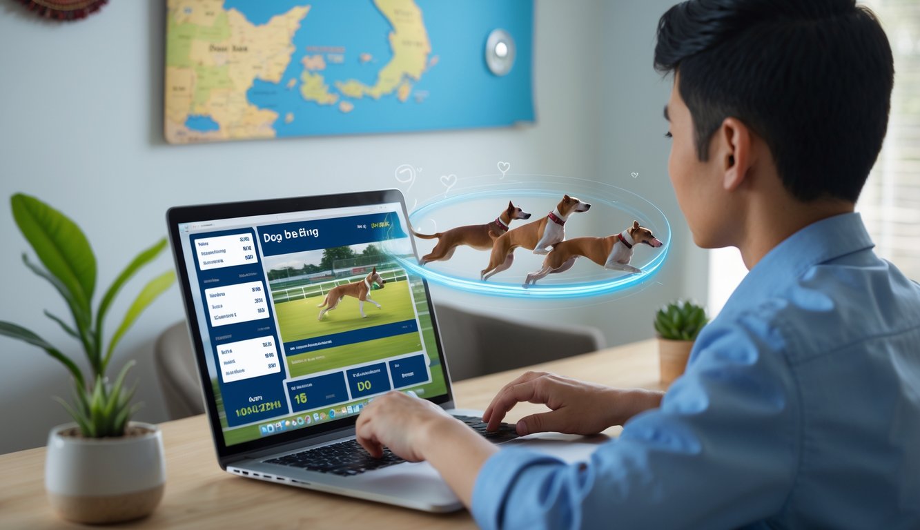 Seorang pemuda Indonesia menggunakan laptop untuk memasang taruhan balap anjing secara online di ruangan yang rapi dan terang.