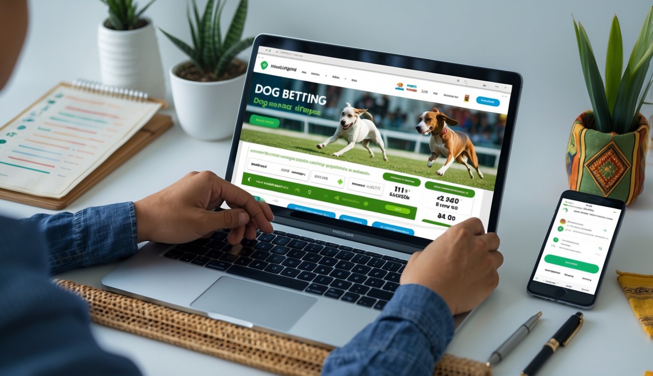 Seseorang menggunakan laptop dengan tampilan situs taruhan balap anjing, dikelilingi alat tulis dan ponsel, di ruang kerja yang bersih dan terang.