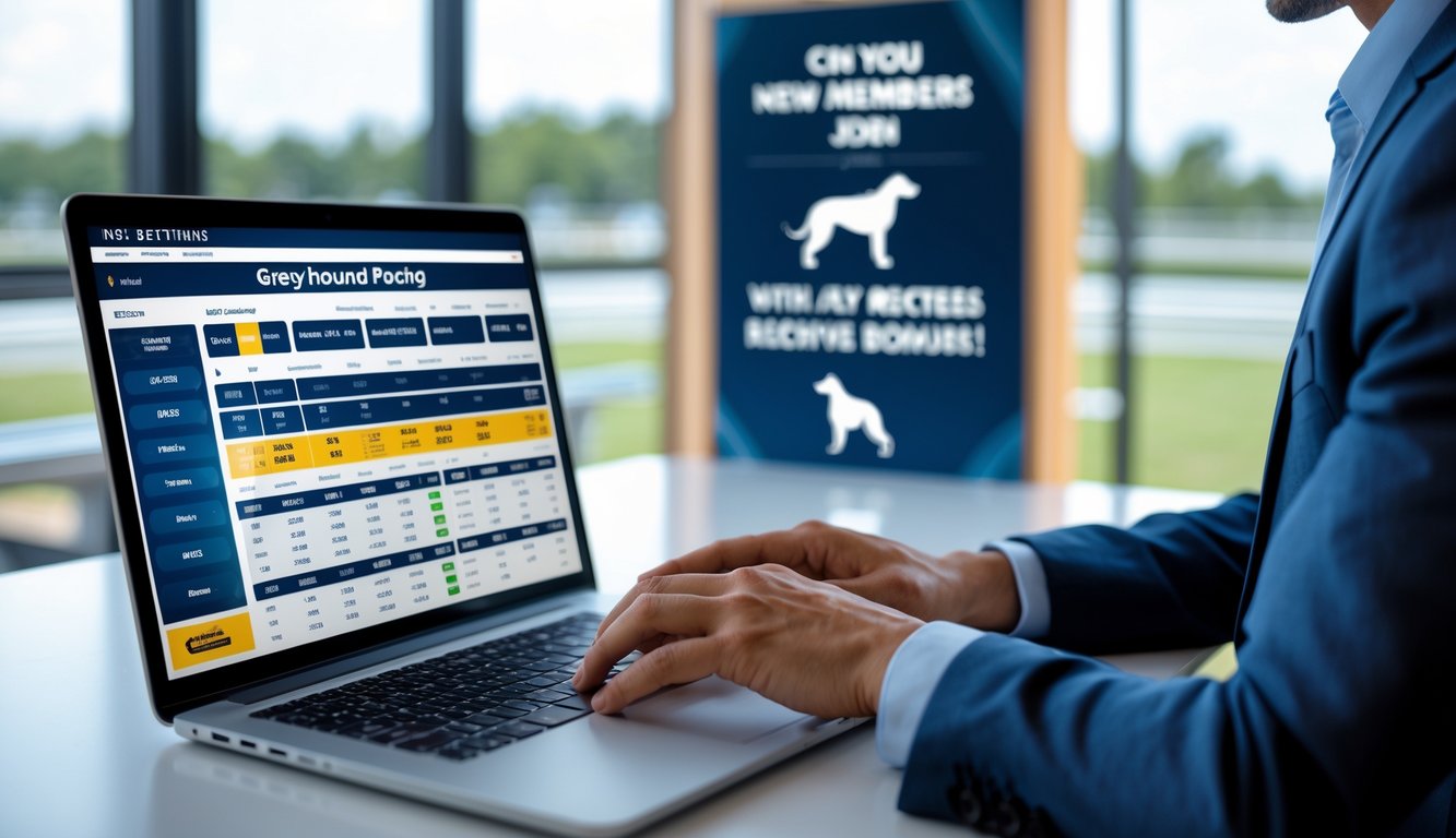 Seseorang menggunakan laptop di meja dengan tampilan statistik balap anjing di layar, suasana profesional dan terpercaya.