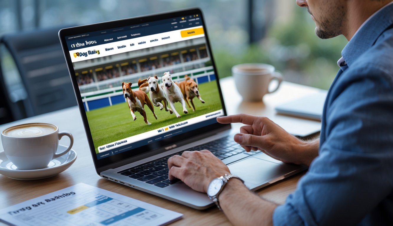 Seorang profesional menggunakan laptop dengan tampilan situs taruhan balap anjing, di meja kerja modern dengan cahaya alami.