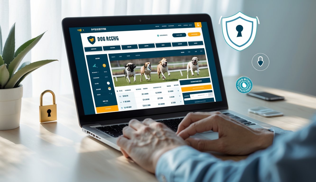 Seseorang menggunakan laptop dengan tampilan situs taruhan balap anjing yang aman dan mudah digunakan.