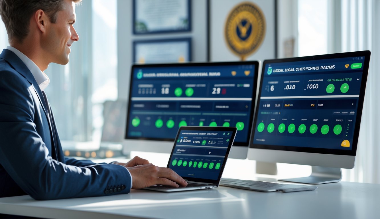 Seseorang menggunakan laptop dengan layar menampilkan data balap anjing dan ikon transaksi aman di meja kerja yang rapi.