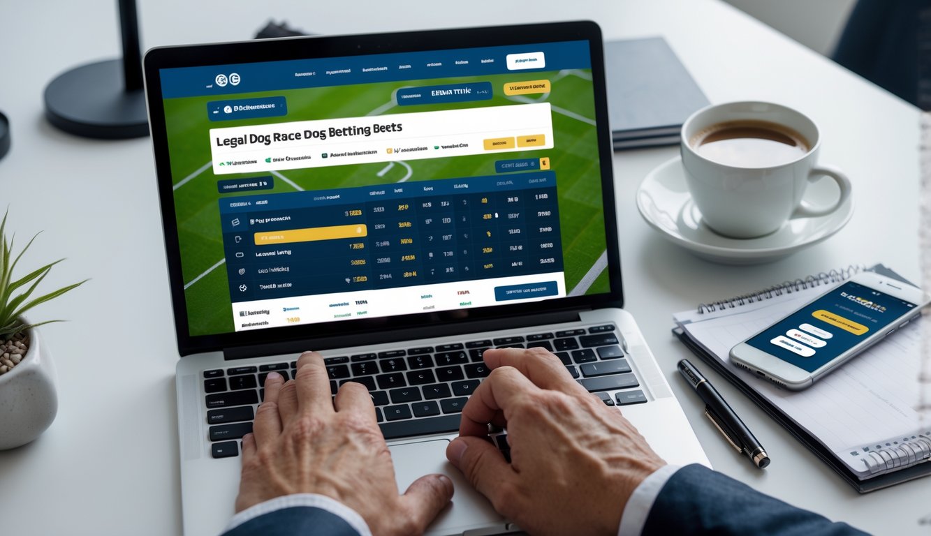 Seseorang menggunakan laptop dengan tampilan situs taruhan balap anjing yang aman dan legal di meja kerja yang rapi.