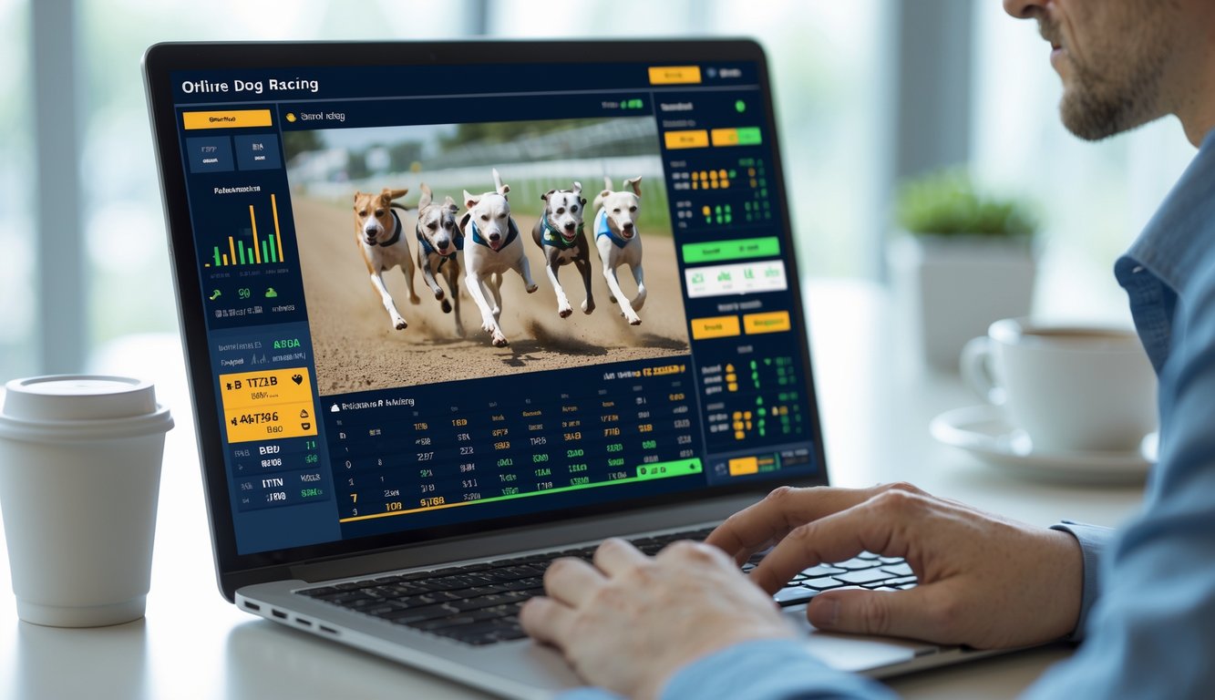Seseorang menggunakan laptop yang menampilkan siaran langsung balap anjing dan statistik lengkap di layar.