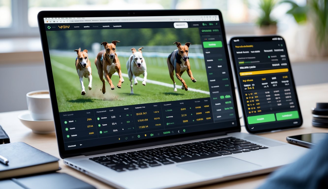Seorang profesional menggunakan komputer untuk menonton siaran langsung balap anjing dan melihat statistik taruhan secara lengkap.