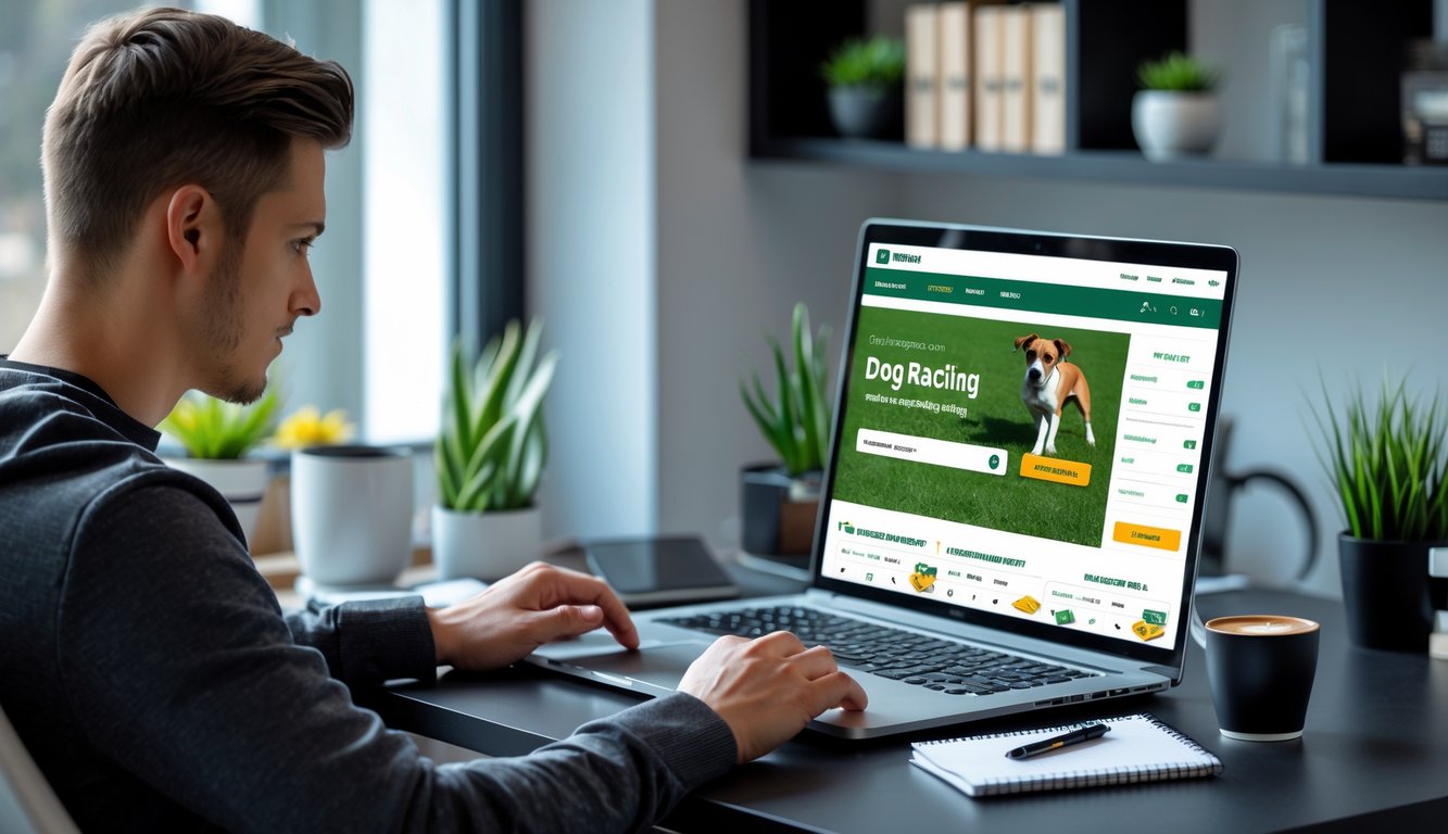 Seorang pria muda duduk di meja kerja dengan laptop terbuka, fokus menggunakan situs taruhan balap anjing online, di ruangan yang terang dan rapi.