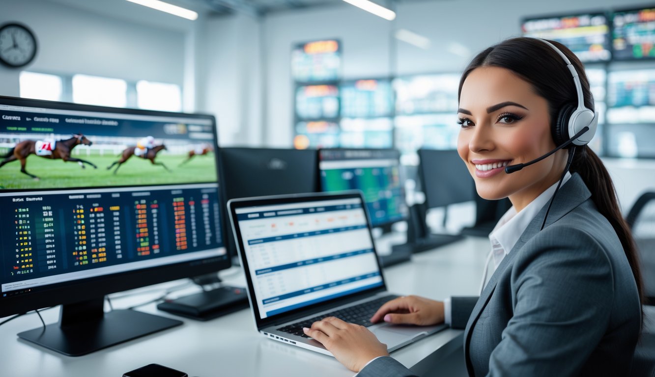 Seorang perwakilan layanan pelanggan sedang bekerja dengan laptop menampilkan informasi balap anjing, di sebuah kantor modern dengan beberapa monitor di latar belakang.