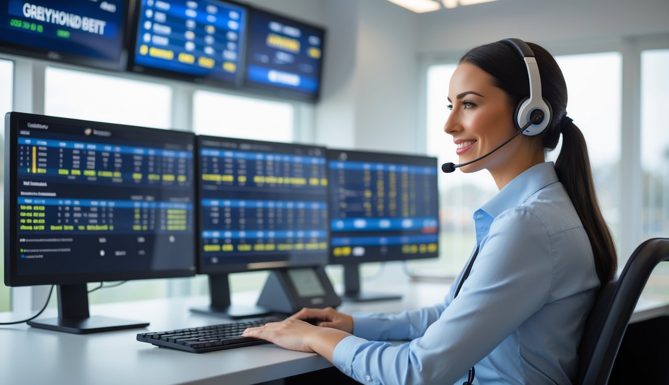 Seorang perwakilan layanan pelanggan dengan headset duduk di depan beberapa layar komputer yang menampilkan data balap anjing, siap membantu pelanggan.